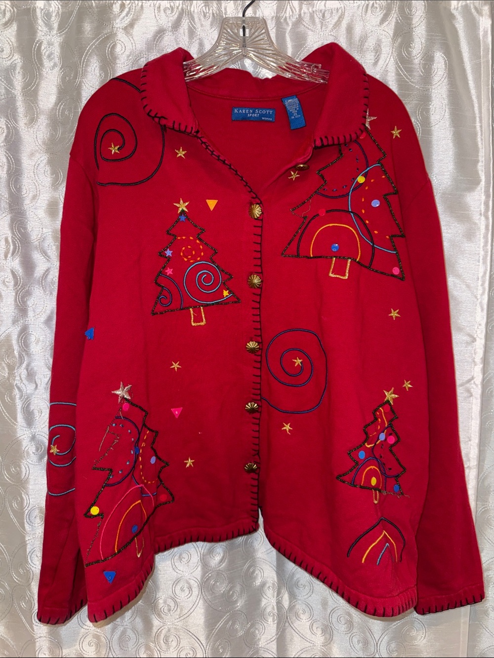 Karen Scott Sport Red Embroidered Holiday Cardigan Sweater Women’s Size 2X 🔥 HR